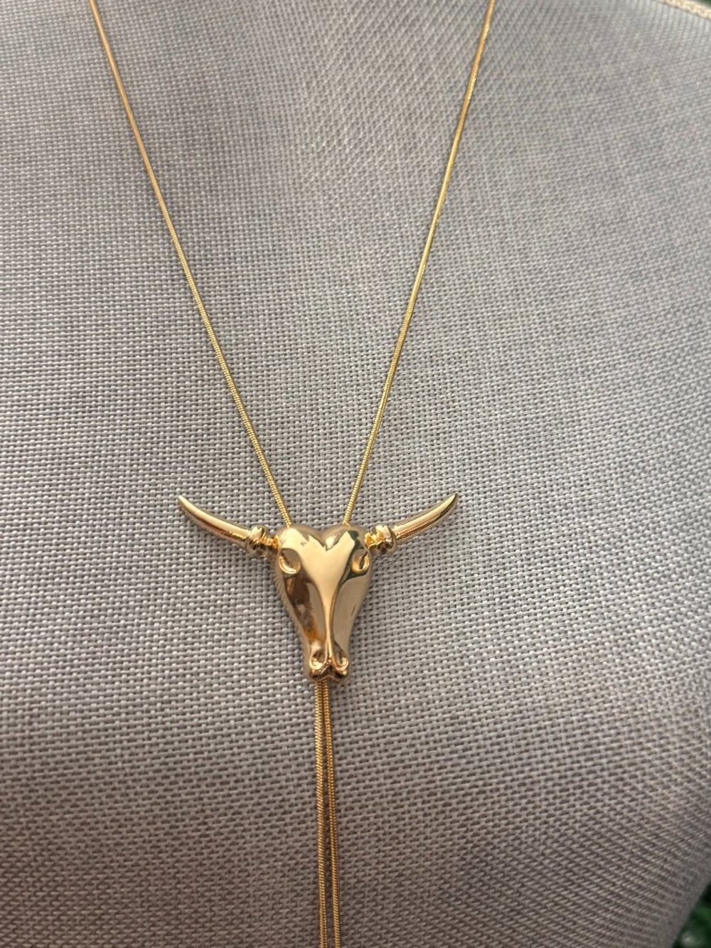 Gold Tone Longhorn Bull Skull Y Necklace Western Cowgirl Steer Lariat Jewelry